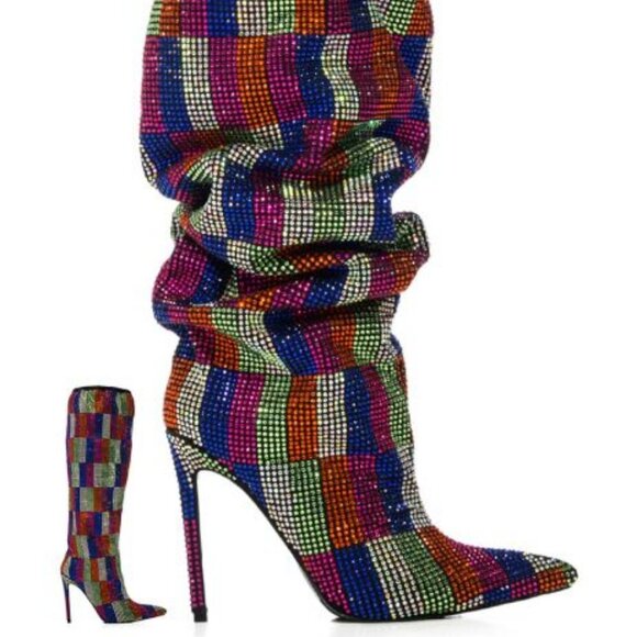 AZALEA WANG " GLOBAL CHECKMATE " MULTI CHECKERBOARD RHINESTONE  BOOT(BRAND NEW ! - Picture 3 of 10